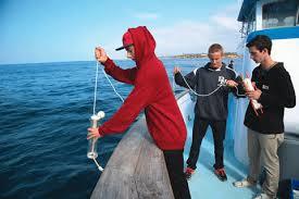 Three young boys participate in the marine science education progrram in Newport Beach.